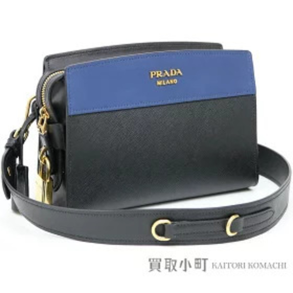 Prada Esplanade Bag Saffiano City Calf Metal Blue Black Leather Shoulder